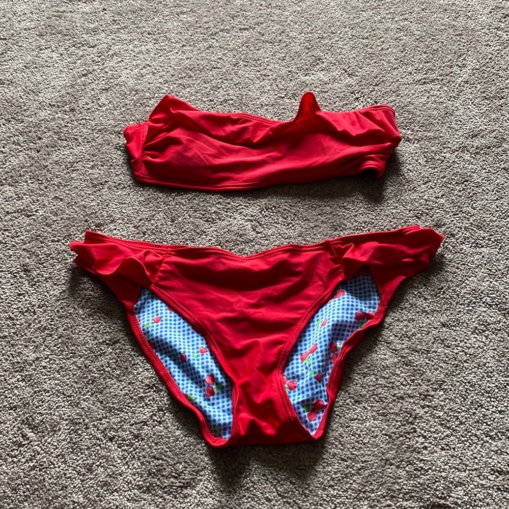 Red Camel Bikini Set Red Blue Cherry Print Strapless Top SIZE L
